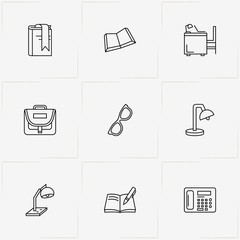 Library line icon set with book, case and library table
