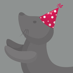 cute seal with party hat over gray background, colorful design. vector illustration