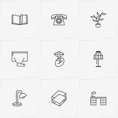 Library line icon set with book, books and projector