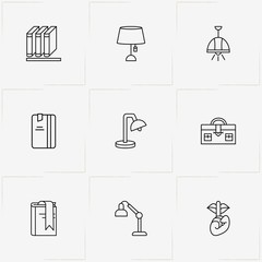 Library line icon set with case, book and silence