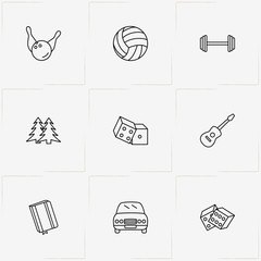 Leisure line icon set with guitar , book and bowling