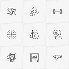 Leisure line icon set with book, badminton and table tennis