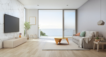 Sea view living room of luxury beach house with glass door and wooden terrace. TV on white marble wall against sofa near indoor plant in vacation home or holiday villa. Hotel interior 3d illustration.