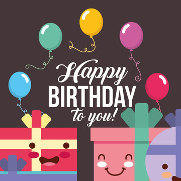 kawaii gift boxes cartoon decorative balloons happy birthday card vector illustration