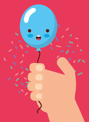 hand holding funny kawaii balloon sparkles happy birthday card vector illustration