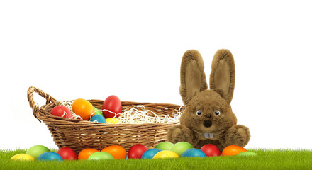 Easter basket with easter eggs and 3d rendering Easter bunny with green grass