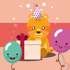 gift box kawaii balloons cute tiger with party hat happy birthday vector illustration