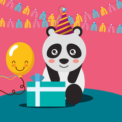 Fototapeta premium gift box kawaii balloon cute panda with party hat and pennant happy birthday vector illustration