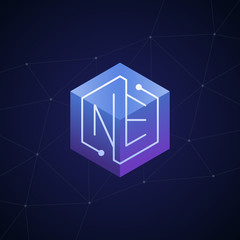 Initial letter NE, block chain, looping mono line circuit letter on hexagon cube logo, blue magenta gradient color on black blue network background