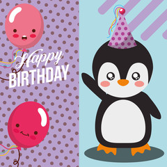little penguin and balloon kawaii celebration happy birthday vector illustration