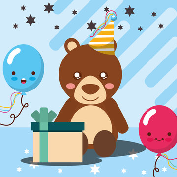gift box kawaii balloons cute bear party hat happy birthday vector illustration