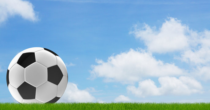 soccer ball green grass blue sky 3d rendering