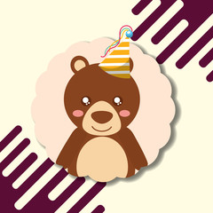 cute bear teddy party hat decoration label happy birthday vector illustration