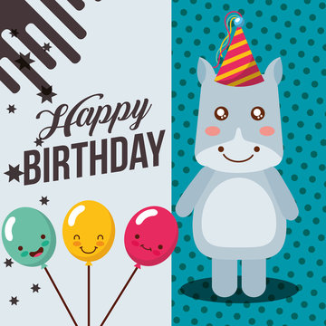 little hippo and balloons smile cartoon celebration happy birthday vector illustration