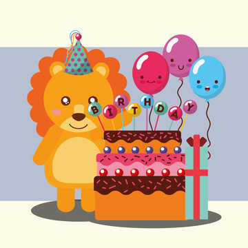 little lion celebrating cake balloons gift happy birthday vector illustration