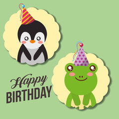 cute happy birthday card funny penguin and frog vector illustration