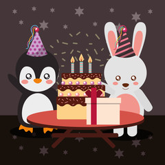 happy birthday party card cute penguin and bunny animals vector illustration