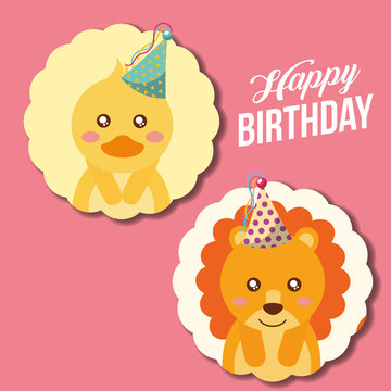 Cute Happy Birthday Card Funny Duck And Lion Vector Illustration