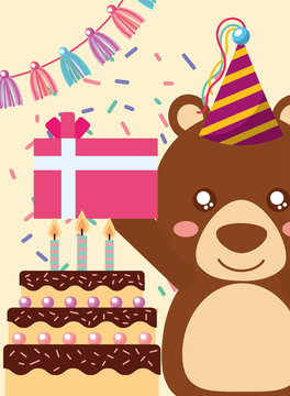 happy birthday card and cute little bear gift and cake vector illustration