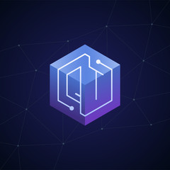 Initial letter QT, block chain, looping mono line circuit letter on hexagon cube logo, blue magenta gradient color on black blue network background