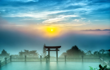 The magical dawn on the pagoda, surrounded by dew and magical light from the beautiful sun to...