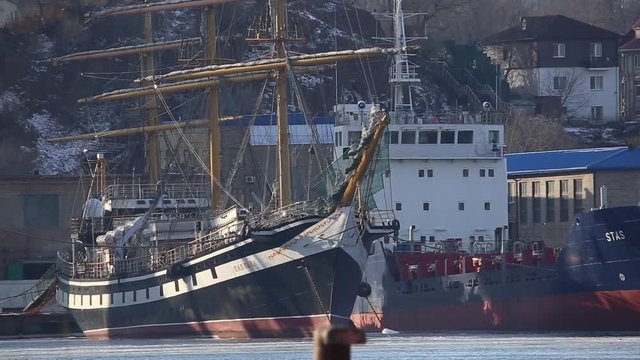 VLADIVOSTOK, DECEMBER 2017 - The educational sailing ship Pallada stands on the dock in the Golden Horn Bay in Vladivostok
