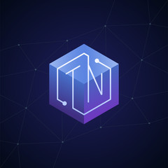 Initial letter TN, block chain, looping mono line circuit letter on hexagon cube logo, blue magenta gradient color on black blue network background