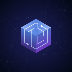 Initial letter TZ, block chain, looping mono line circuit letter on hexagon cube logo, blue magenta gradient color on black blue network background