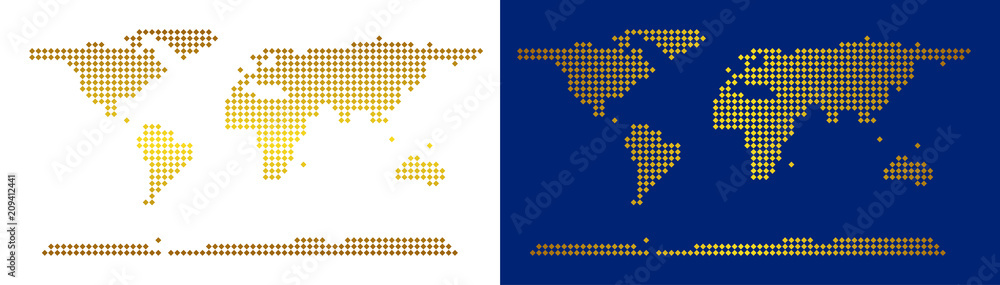 Poster gold dotted world continent map. vector geographical maps in luxury colors with vertical and horizon