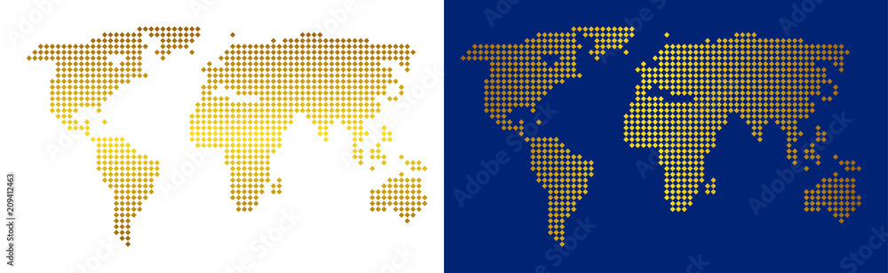 Poster gold colored dotted world map. vector territorial maps in golden colors with vertical and horizontal