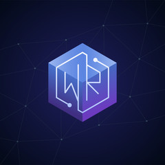 Initial letter WR, block chain, looping mono line circuit letter on hexagon cube logo, blue magenta gradient color on black blue network background