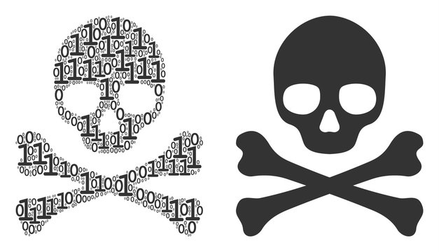 Death skull mosaic icon of zero and null digits in random sizes. Vector digital symbols are arranged into death skull collage design concept.