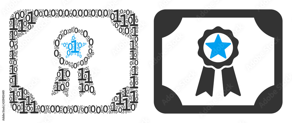 Poster diploma collage icon of binary digits in different sizes. vector digit symbols are united into diplo
