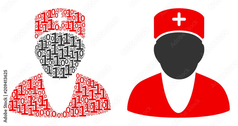 Poster doctor collage icon of one and zero digits in random sizes. vector digit symbols are scattered into 