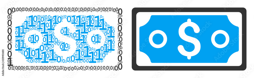 Poster dollar banknote mosaic icon of zero and one symbols in various sizes. vector digits are scattered in
