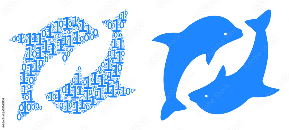 Poster dolphins composition icon of binary digits in different sizes. vector digit symbols are arranged int