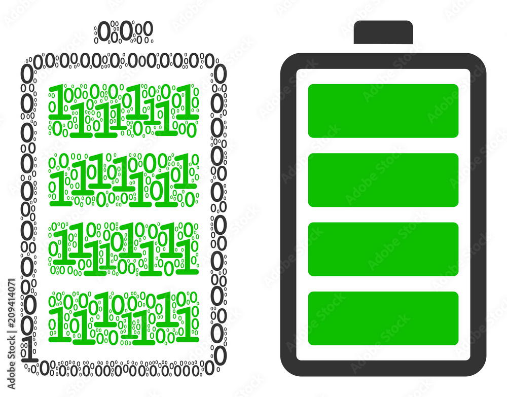 Poster electric battery collage icon of zero and null digits in various sizes. vector digits are united int