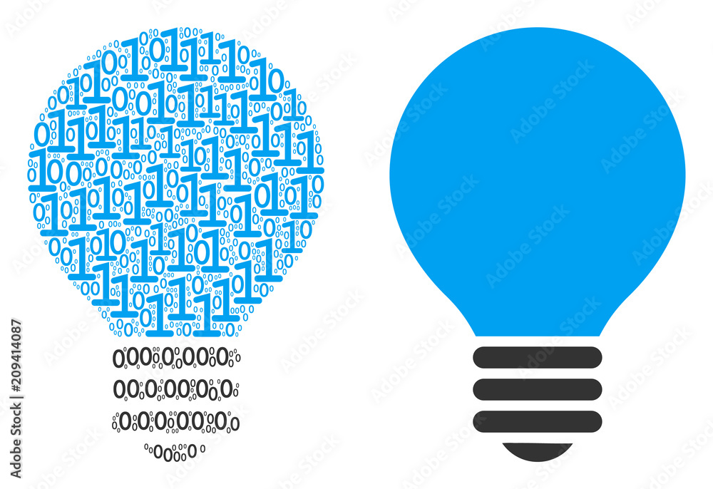 Poster electric bulb composition icon of zero and one symbols in different sizes. vector digit symbols are 