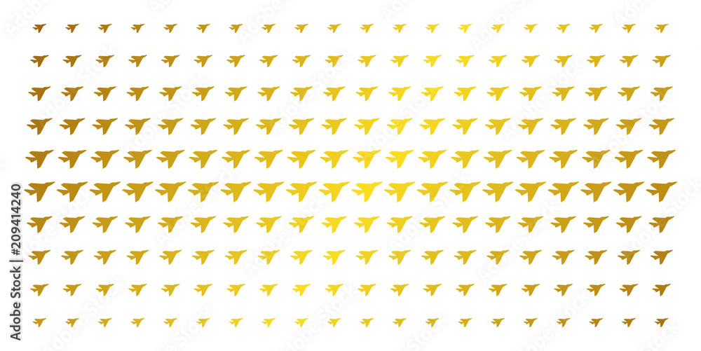 Poster Airplane intercepter icon golden halftone pattern. Vector airplane intercepter items are arranged into halftone matrix with inclined golden gradient. Designed for backgrounds, covers,