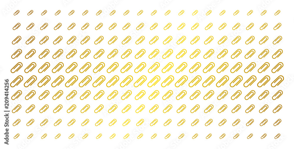 Poster paperclip icon golden halftone pattern. vector paperclip symbols are organized into halftone matrix 
