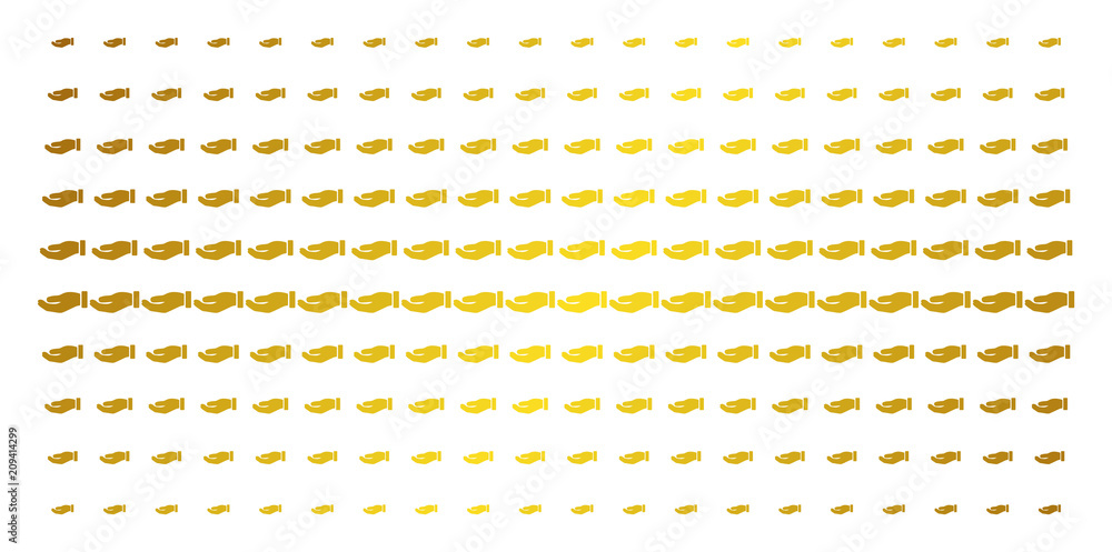 Poster hand icon gold colored halftone pattern. vector hand shapes are arranged into halftone array with in