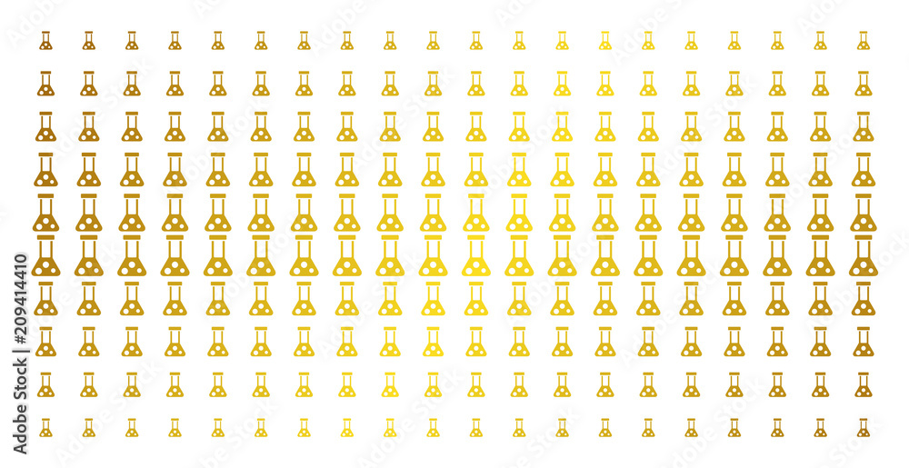 Poster chemistry icon gold colored halftone pattern. vector chemistry items are organized into halftone arr