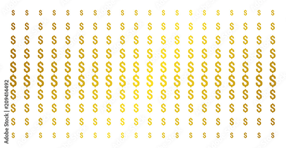 Poster dollar icon golden halftone pattern. vector dollar pictograms are arranged into halftone grid with i