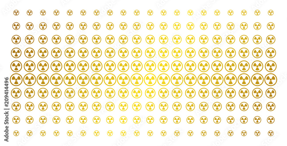 Poster radioactive icon golden halftone pattern. vector radioactive symbols are arranged into halftone arra