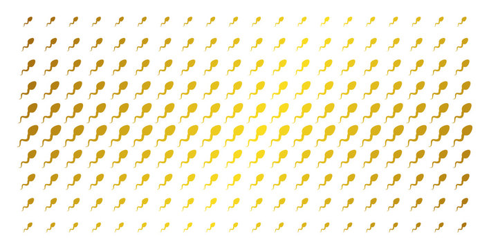 Spermatozoon icon gold halftone pattern. Vector spermatozoon objects are organized into halftone array with inclined gold gradient. Designed for backgrounds, covers,