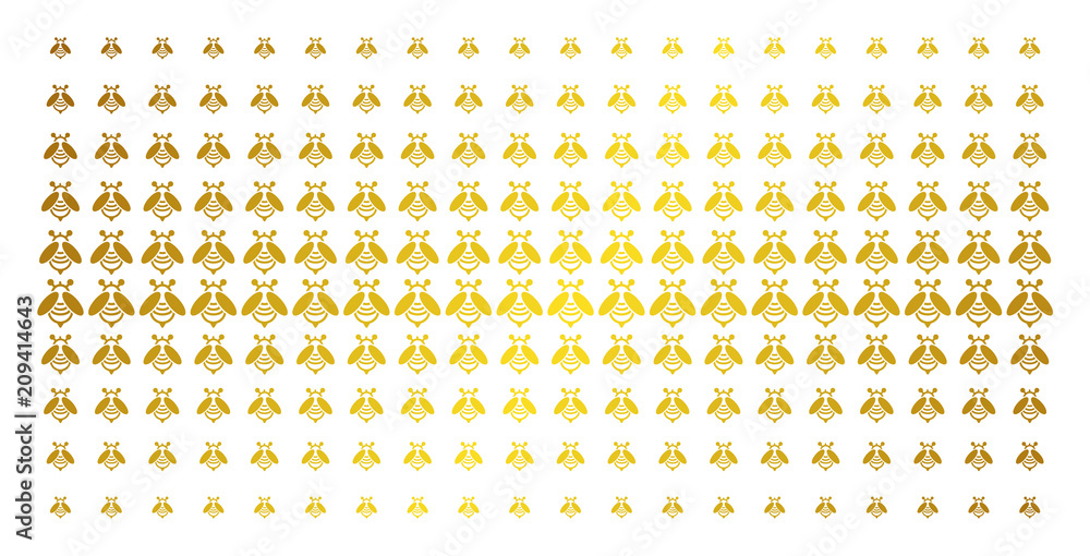 Poster bee icon golden halftone pattern. vector bee symbols are organized into halftone array with inclined