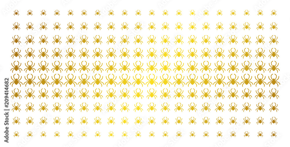 Poster spider icon gold halftone pattern. vector spider items are organized into halftone array with inclin