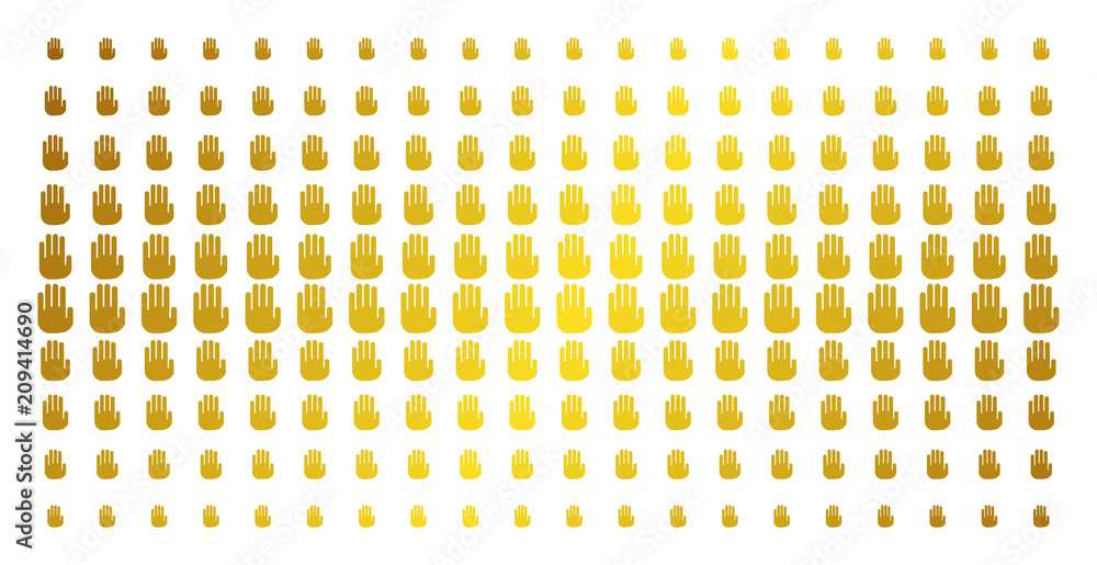Poster stop hand icon gold halftone pattern. vector stop hand symbols are arranged into halftone grid with 