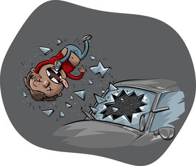 A cartoon man is ejected through the windsheild of a car in an auto accident.