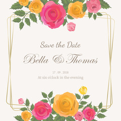 Pink and yellow roses bouquet wedding invitation card template.